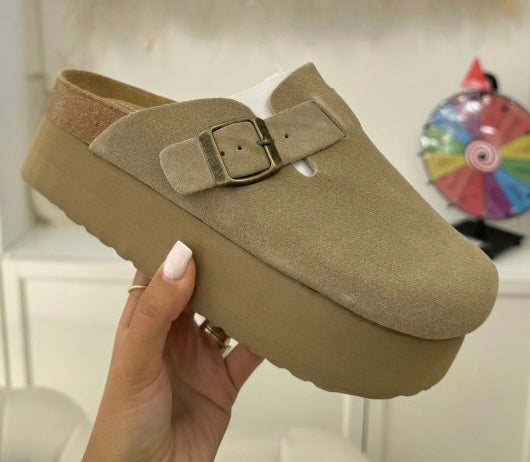 Mule plate-forme en cuir khaki