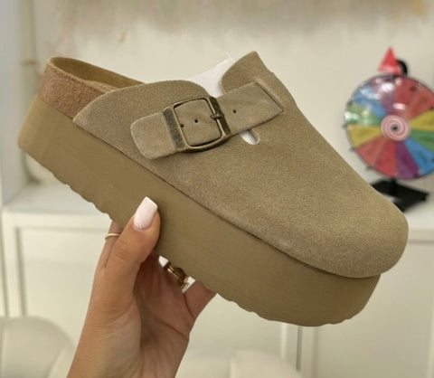 Mule plate-forme en cuir khaki