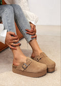 Mule plate-forme en cuir camel