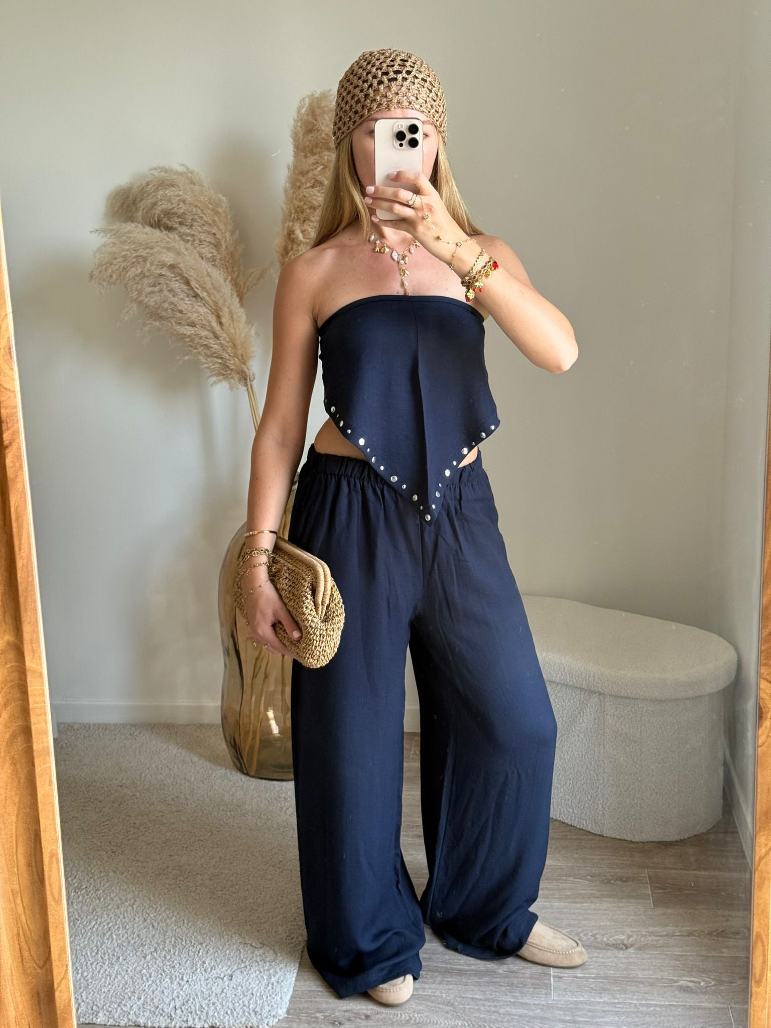 Pantalon avec ceinture-bleu
