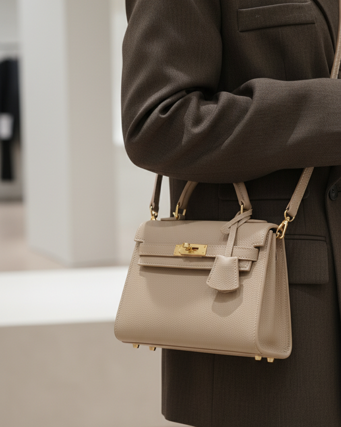 SAC À RABAT ET FERMOIR MÉTALLIQUE gris taupe