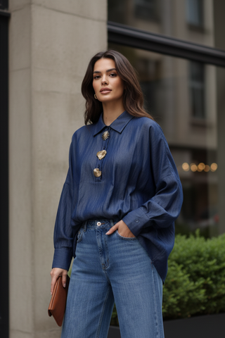 BLOUSE EN JEAN FLUIDE BOUTONS BIJOUX
