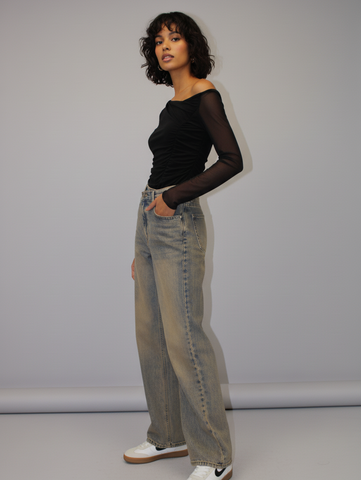 JEAN WIDE LEG TAILLE HAUTE ASYMÉTRIQUE – DÉLAVAGE VINTAGE
