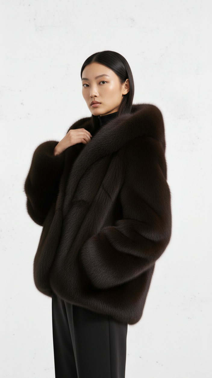 Manteau Court Effet Fourrure à Capuche