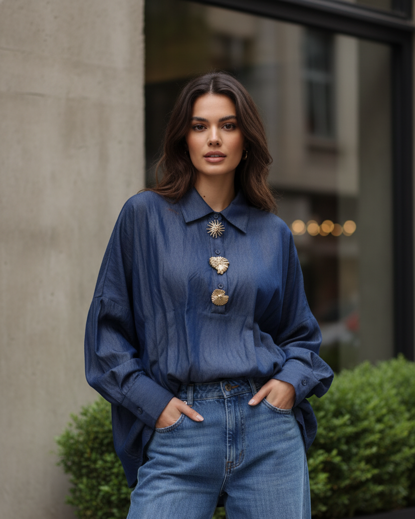 BLOUSE EN JEAN FLUIDE BOUTONS BIJOUX