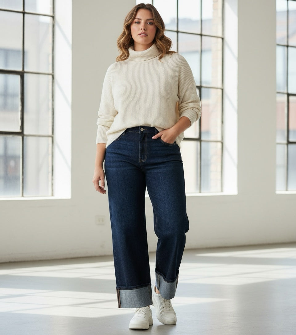 Jean Large à Revers Denim Foncé