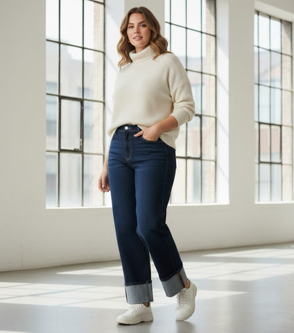 Jean Large à Revers Denim Foncé