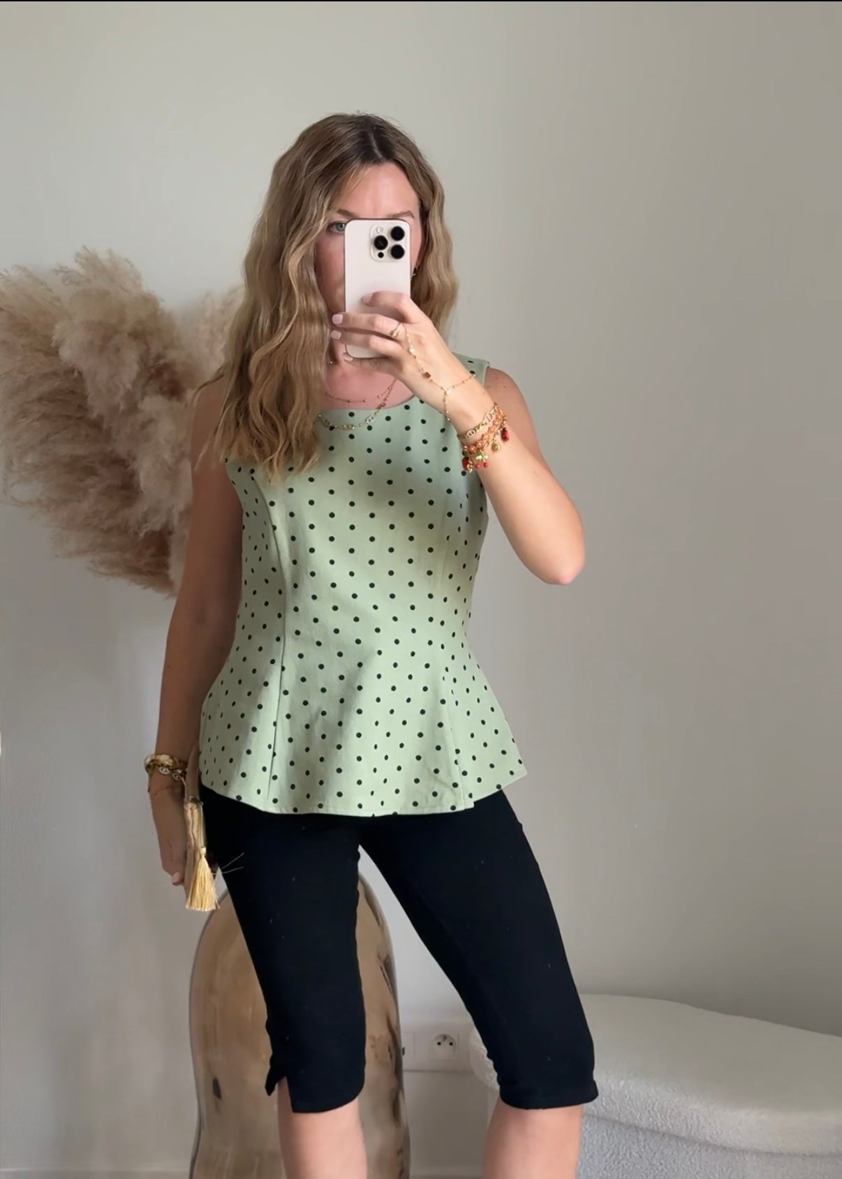 Top sans manches à imprimé pois et coupe péplum - Vert