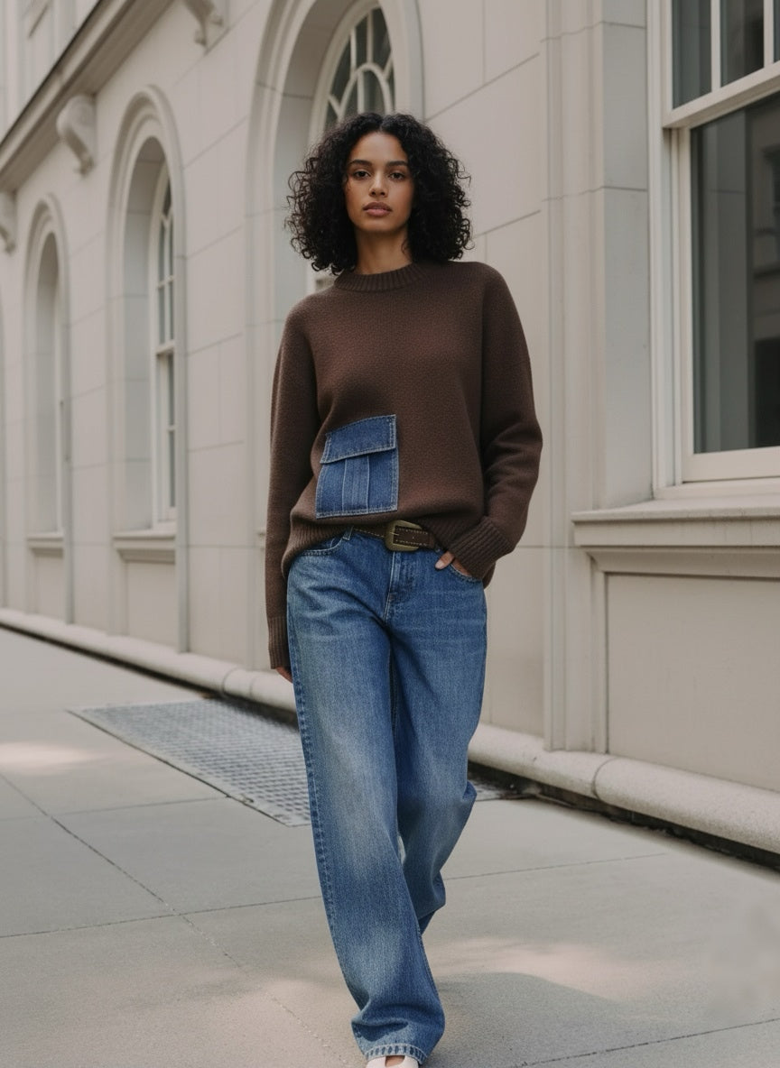 Pull en maille à poche en jean