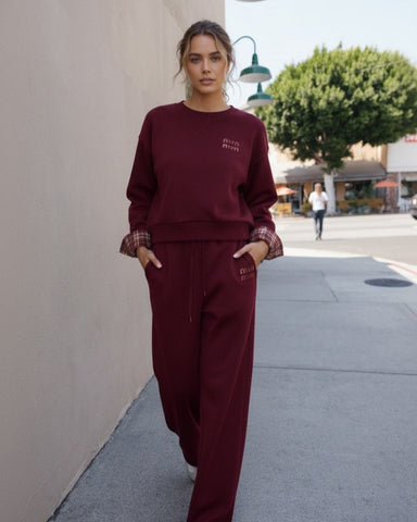 Ensemble de jogging à revers motif carreaux bordeaux