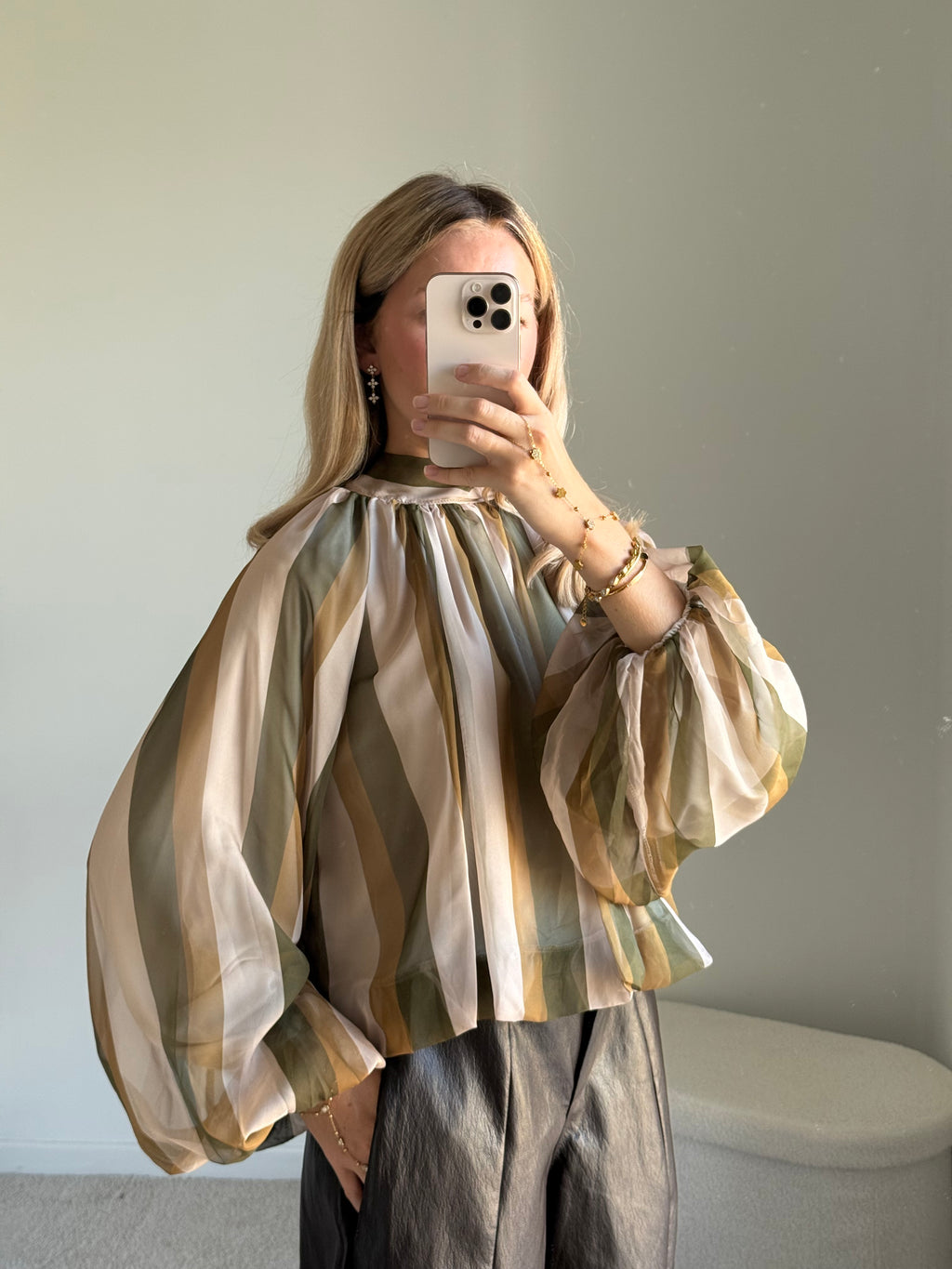 Blouse Rayée Fluide à Col Montant - Vert