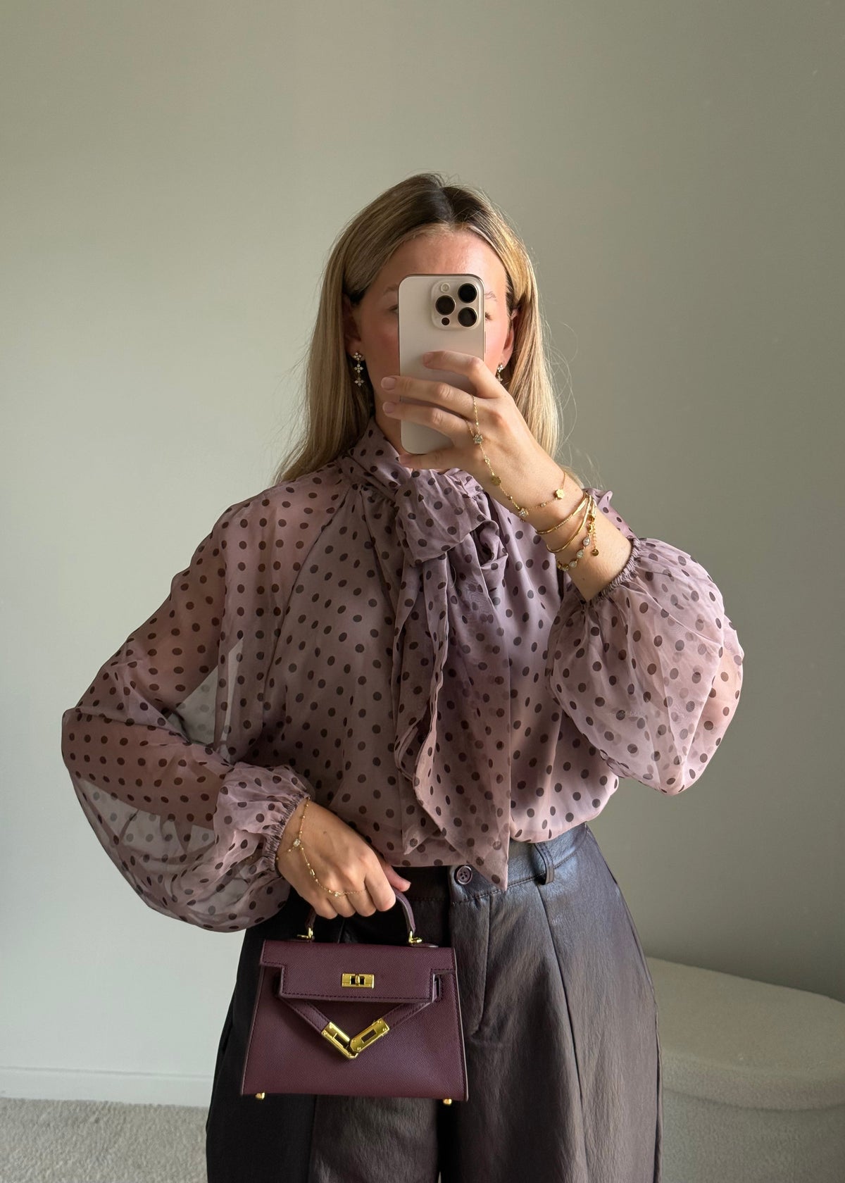 Blouse Fluide à Pois avec Foulard - Rose poudré