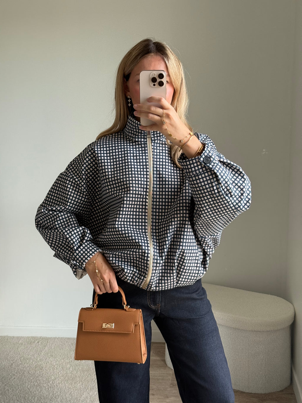 Veste Courte Zippée à Carreaux - Noir et Blanc