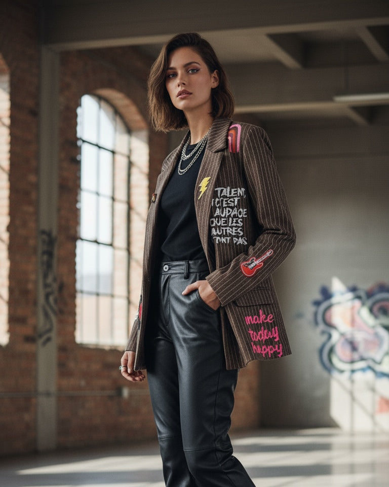 BLAZER STRUCTURÉ PATCHS POP-ART chocolat