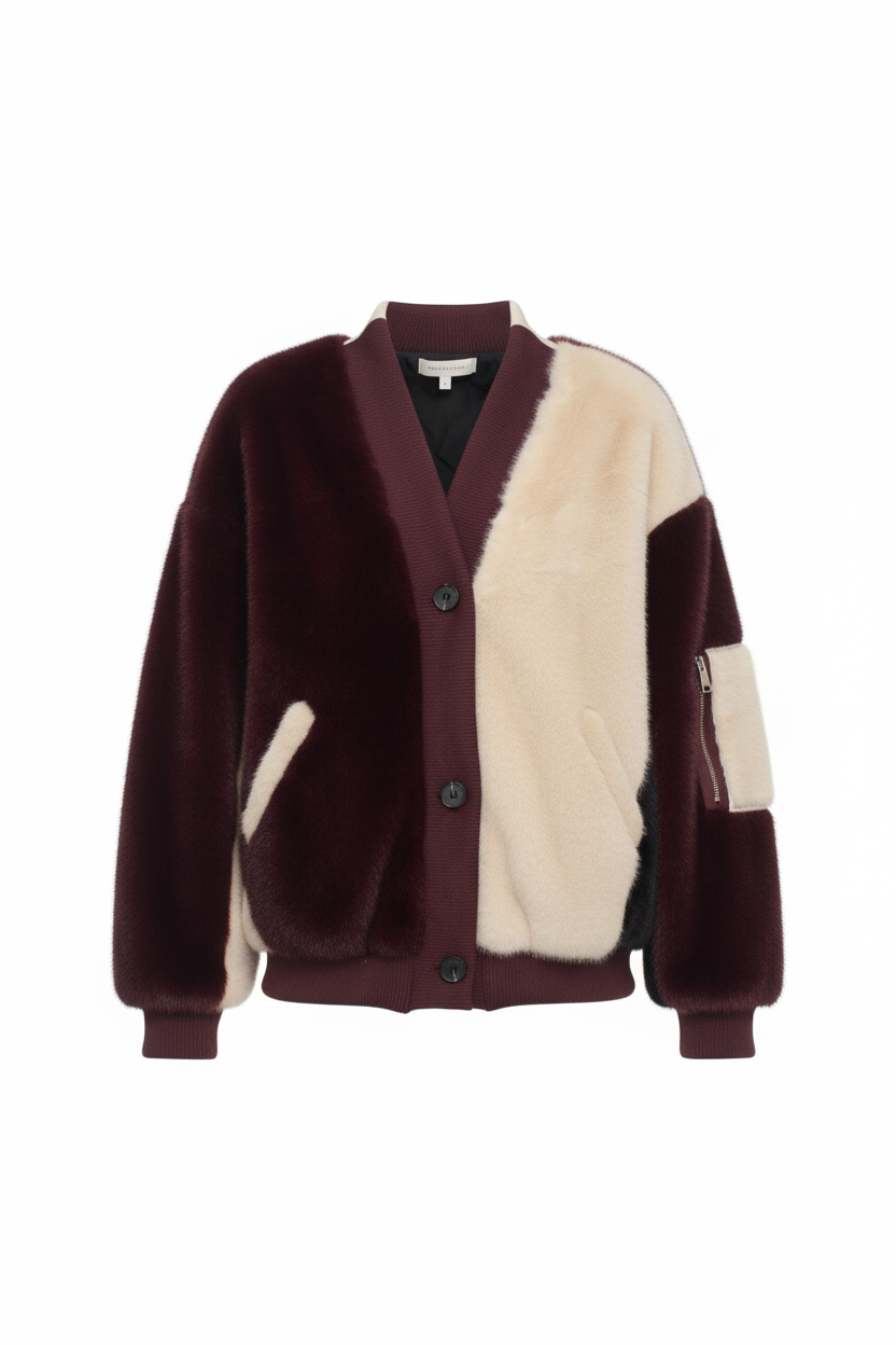 veste-cardigan en fausse fourrure bicolore.