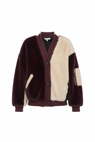 veste-cardigan en fausse fourrure bicolore.