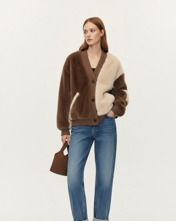 veste-cardigan en fausse fourrure bicolore.