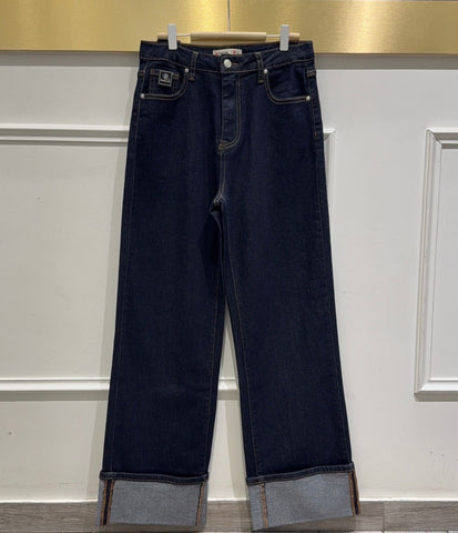 Jean Large à Revers Denim Foncé