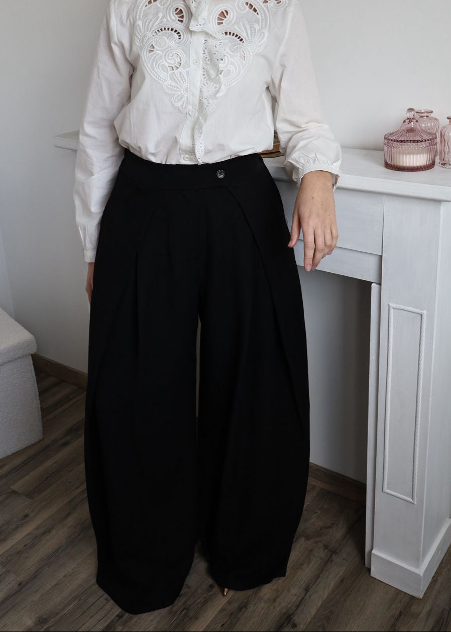 Pantalon Palazzo Noir à Plis Profonds