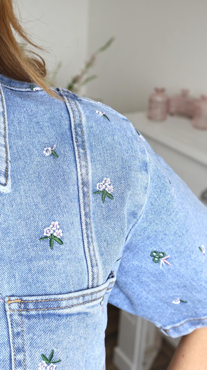 Veste Courte Daisy en Denim Brodé