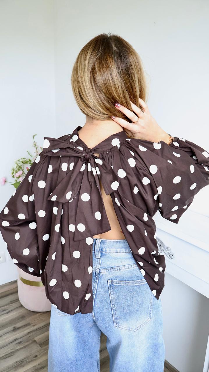 Blouse "Serena" à Pois avec Dos Nu et Nœud