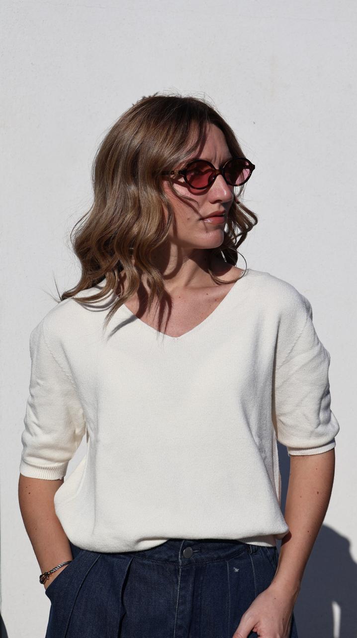 Pull Basique en Tricot Fin avec Col en V et Manches Trois-Quarts
