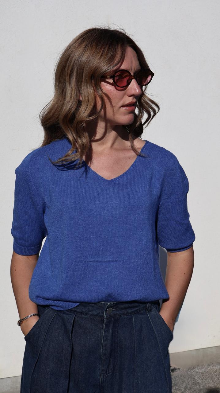 Pull Basique en Tricot Fin avec Col en V et Manches Trois-Quarts