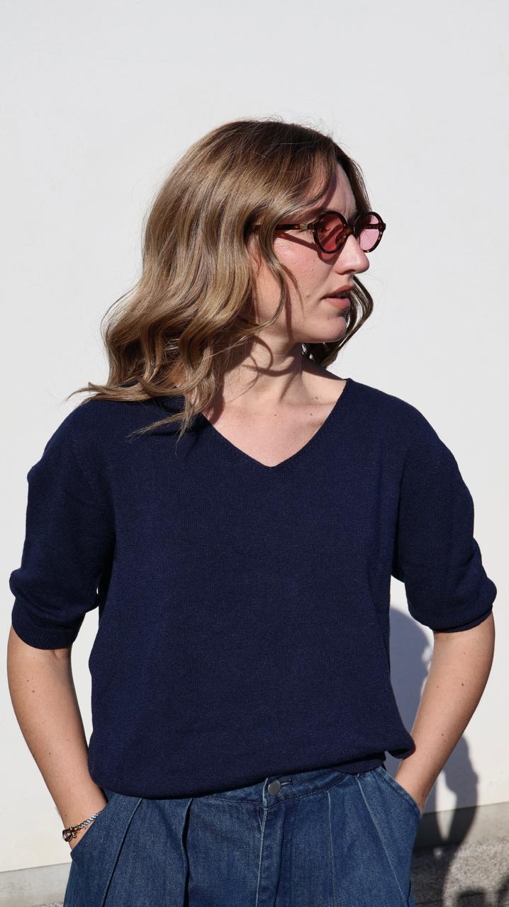 Pull Basique en Tricot Fin avec Col en V et Manches Trois-Quarts