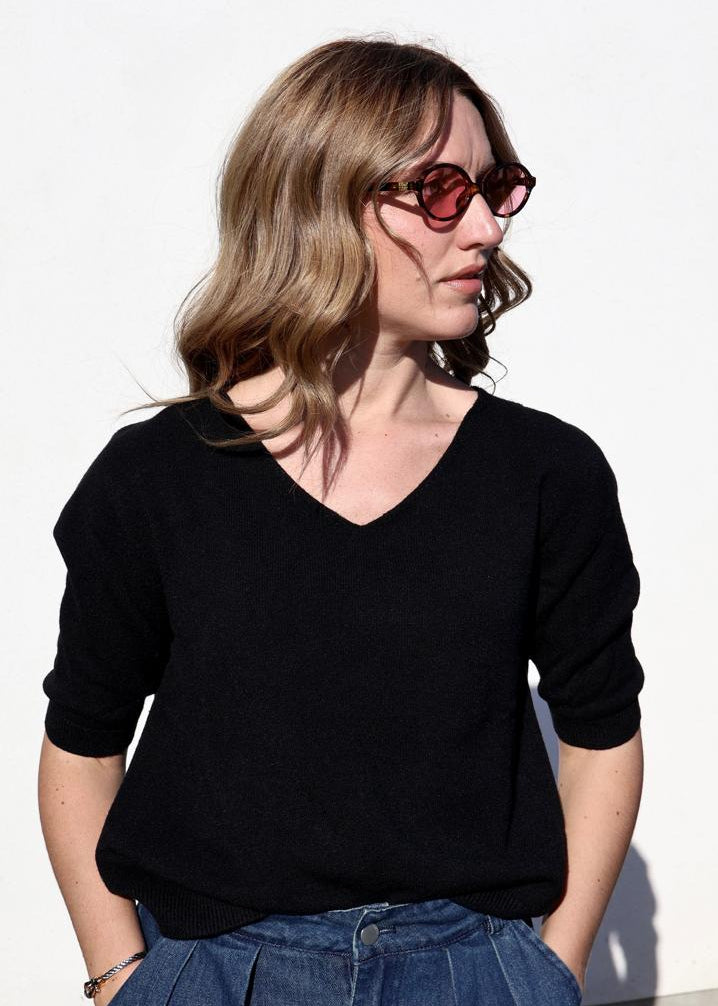 Pull Basique en Tricot Fin avec Col en V et Manches Trois-Quarts