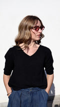 Pull Basique en Tricot Fin avec Col en V et Manches Trois-Quarts