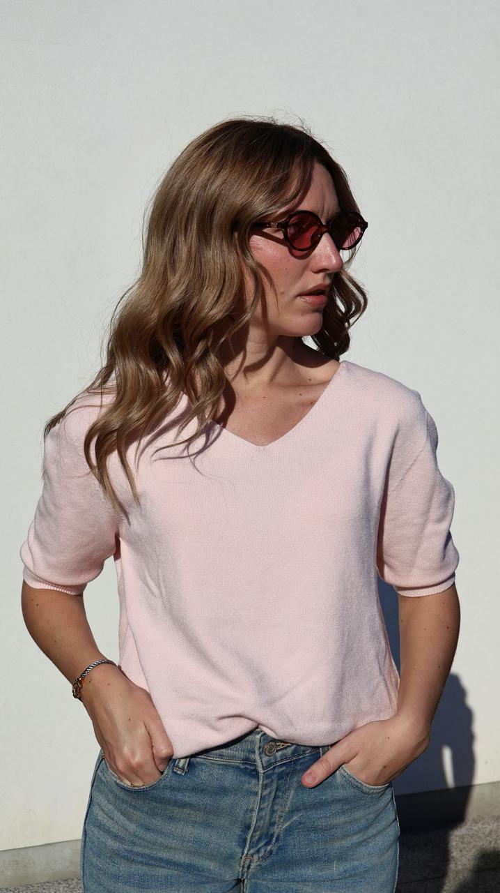 Pull Basique en Tricot Fin avec Col en V et Manches Trois-Quarts