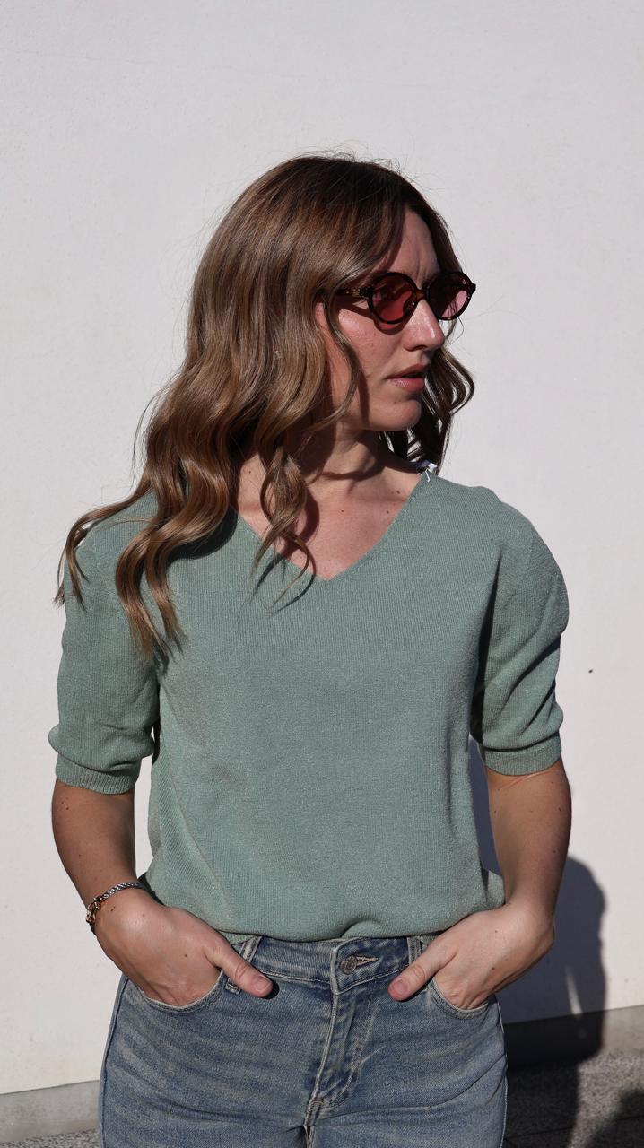 Pull Basique en Tricot Fin avec Col en V et Manches Trois-Quarts