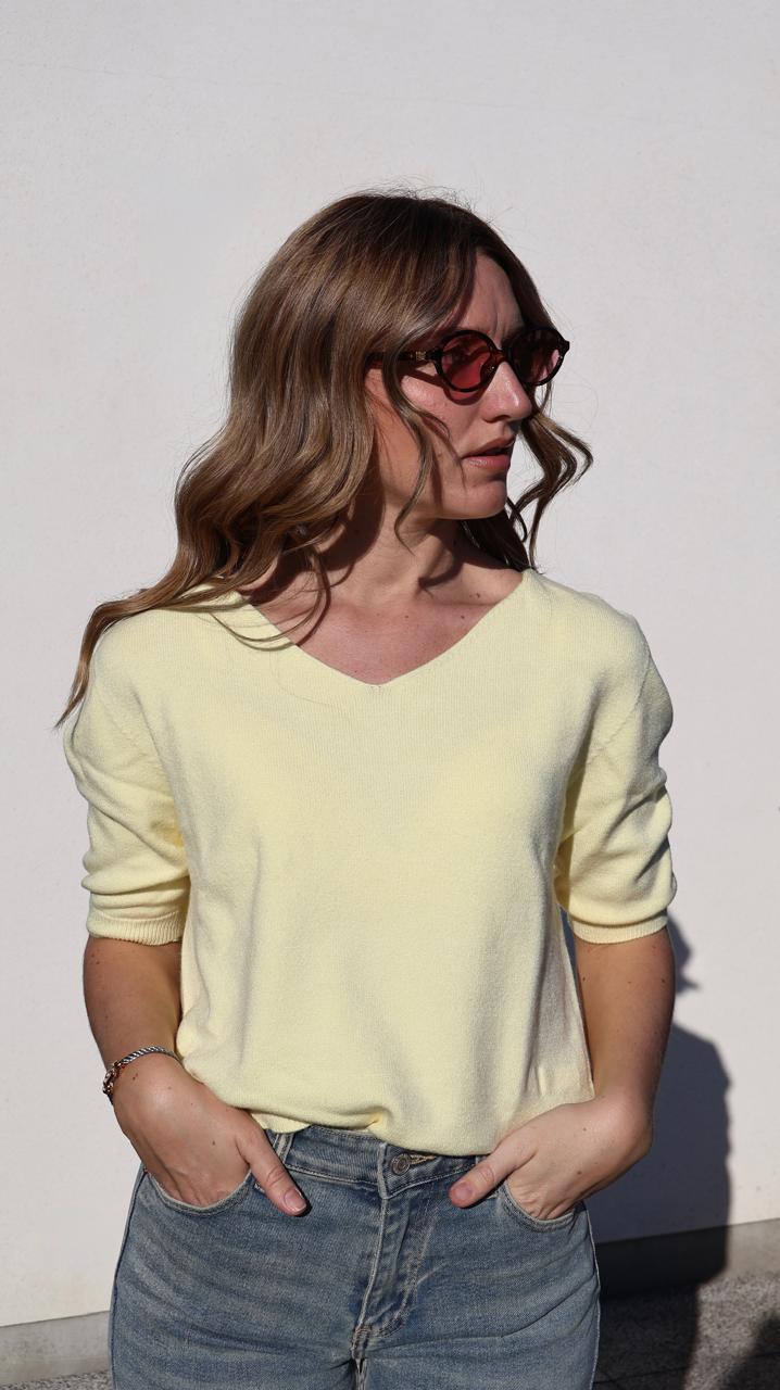 Pull Basique en Tricot Fin avec Col en V et Manches Trois-Quarts