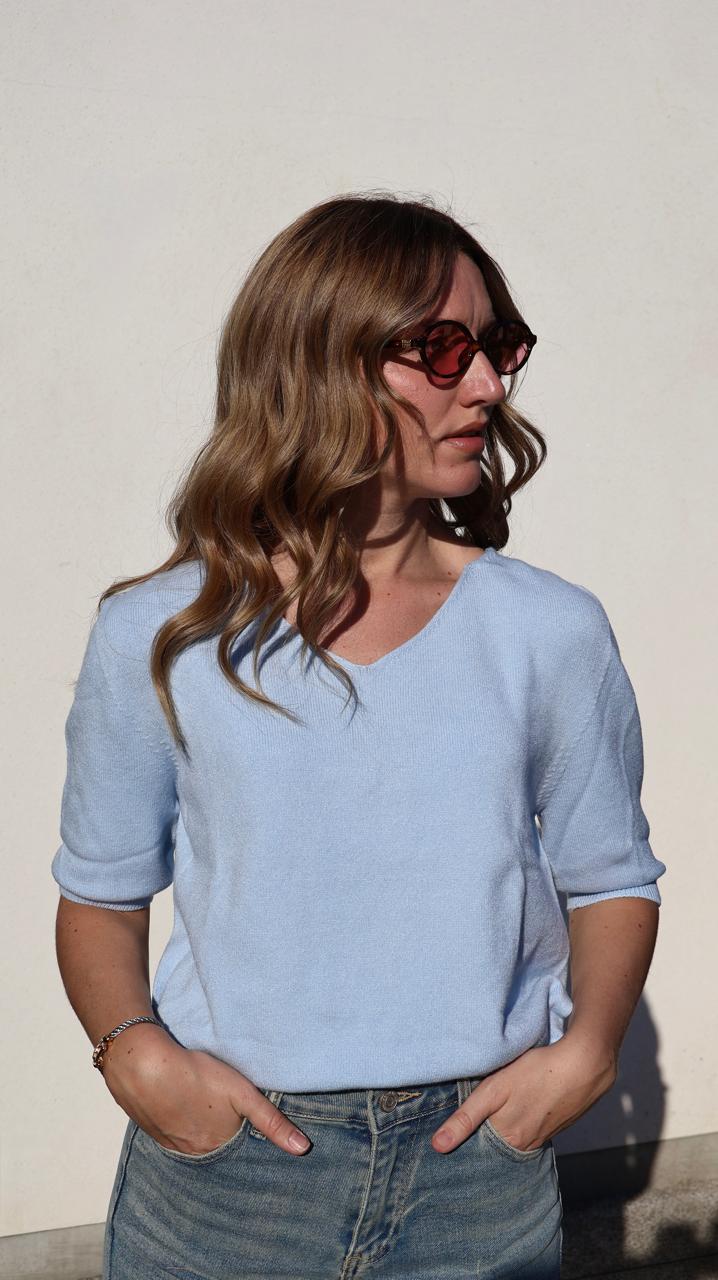 Pull Basique en Tricot Fin avec Col en V et Manches Trois-Quarts