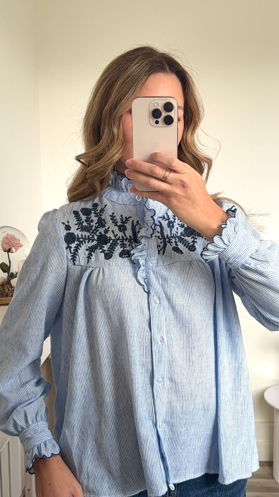 Chemise à Rayures et Broderies Florales bleu