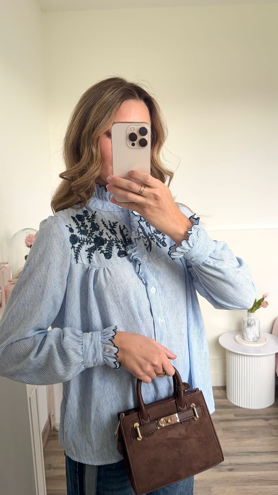 Chemise à Rayures et Broderies Florales bleu