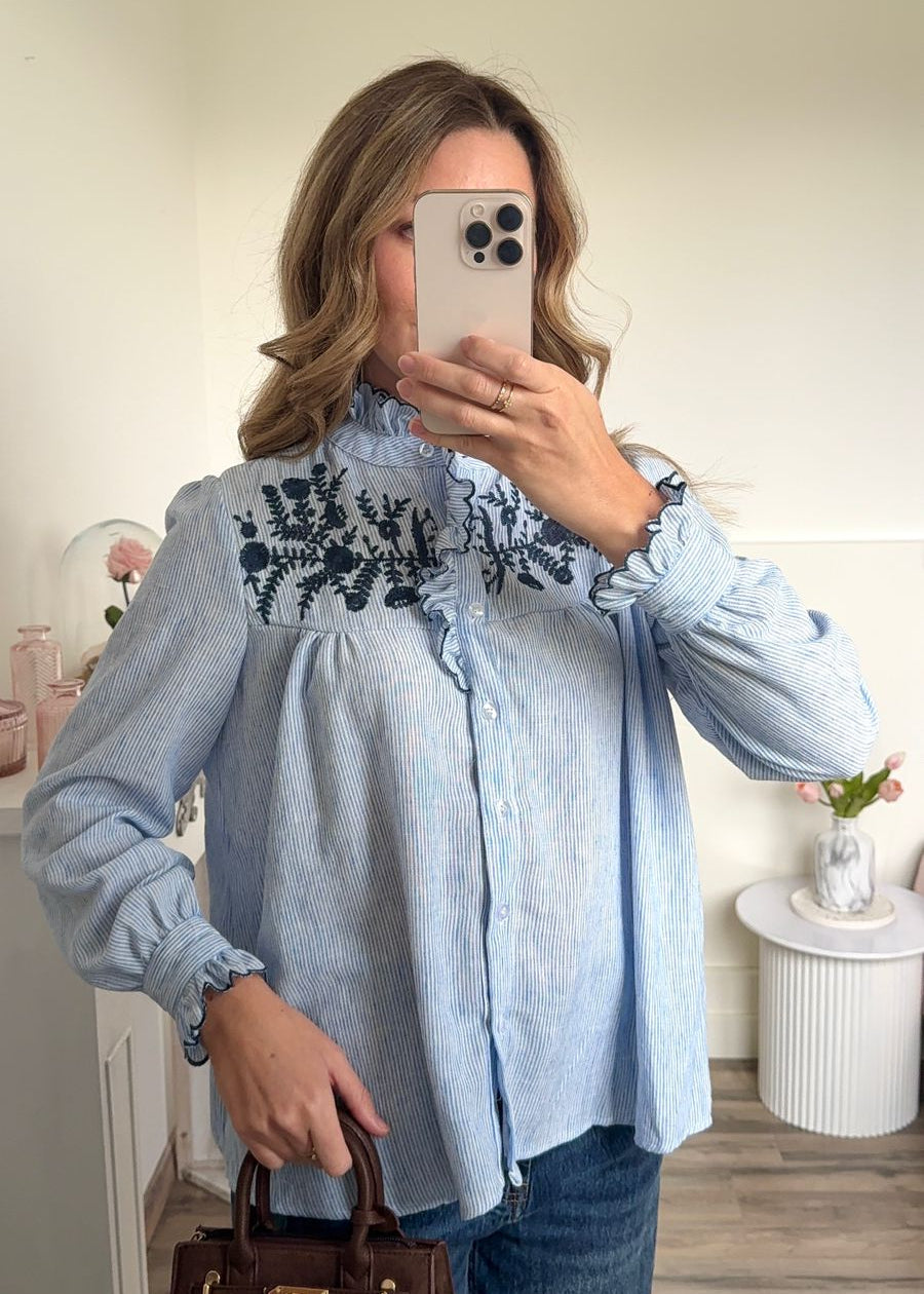 Chemise à Rayures et Broderies Florales bleu