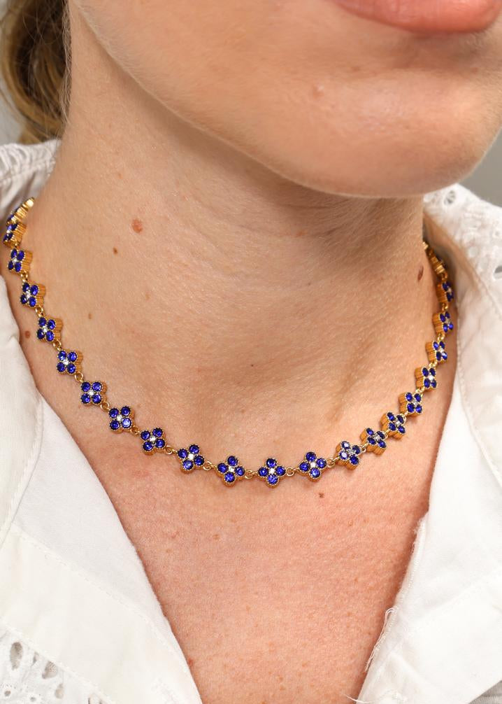 Collier Choker Floral à Cristaux Bleu Cobalt