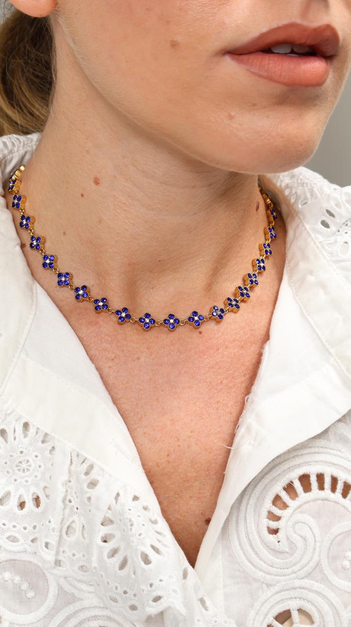 Collier Choker Floral à Cristaux Bleu Cobalt