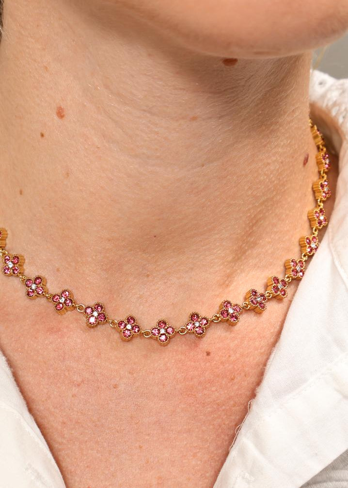 Collier Choker Floral à Cristaux Roses