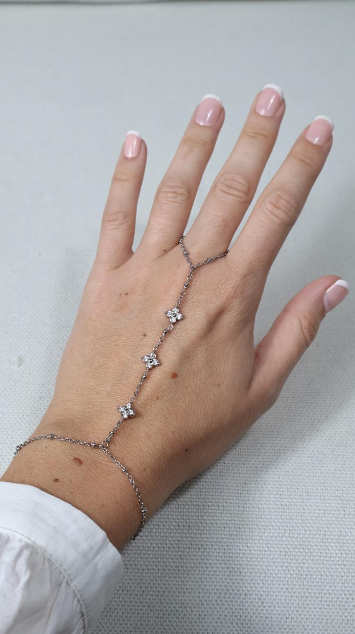 Bracelet Bague Chaîne Argenté à Motifs Floraux