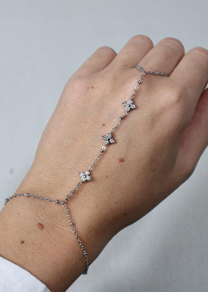Bracelet Bague Chaîne Argenté à Motifs Floraux