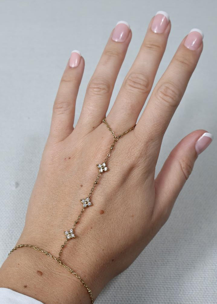 Bracelet Bague Chaîne à Motifs Floraux Cristallisés