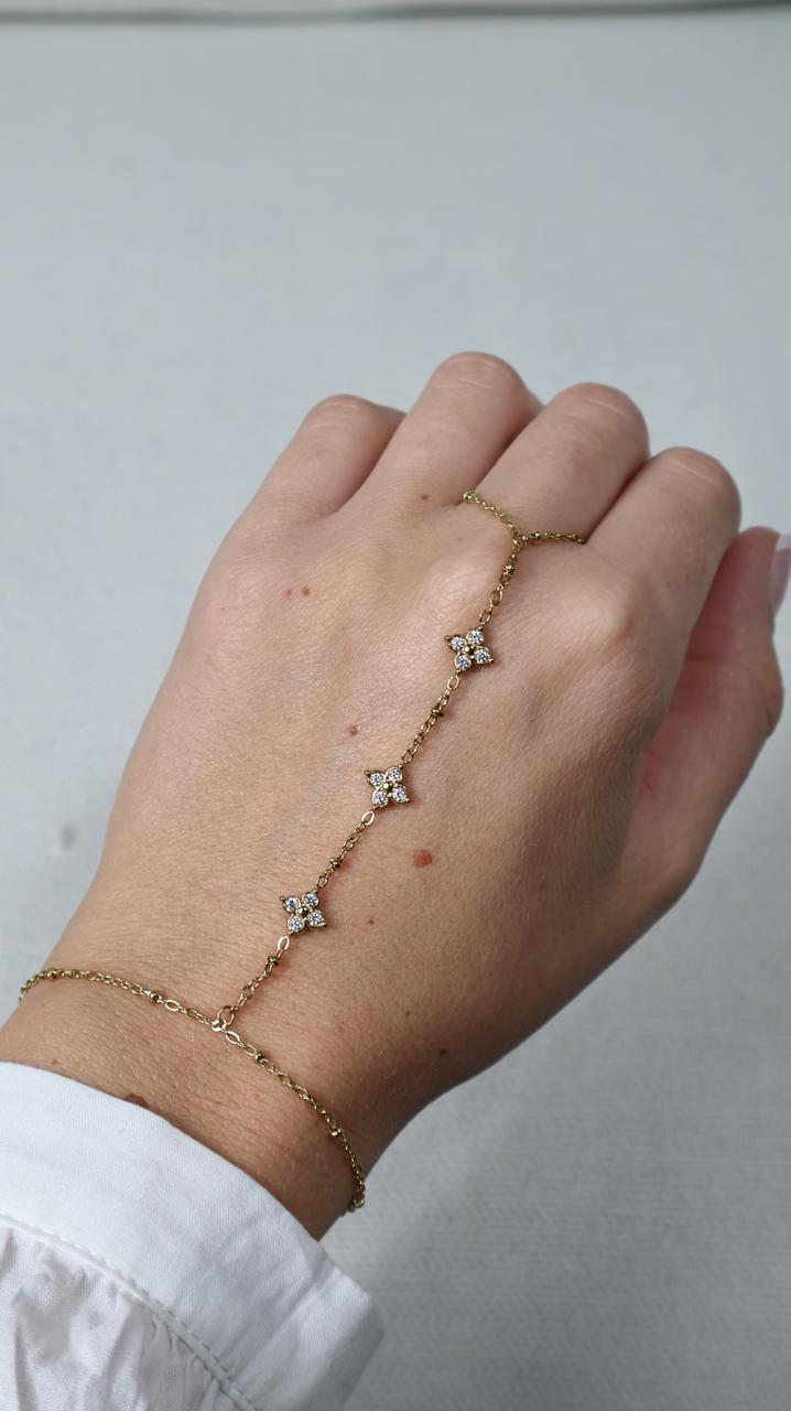 Bracelet Bague Chaîne à Motifs Floraux Cristallisés
