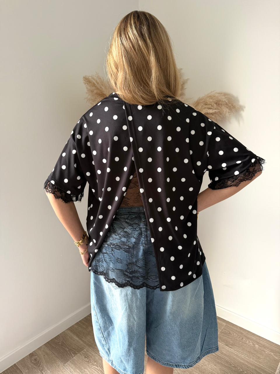 Top bimatière à dos ouvert et dentelle - Pois Noir