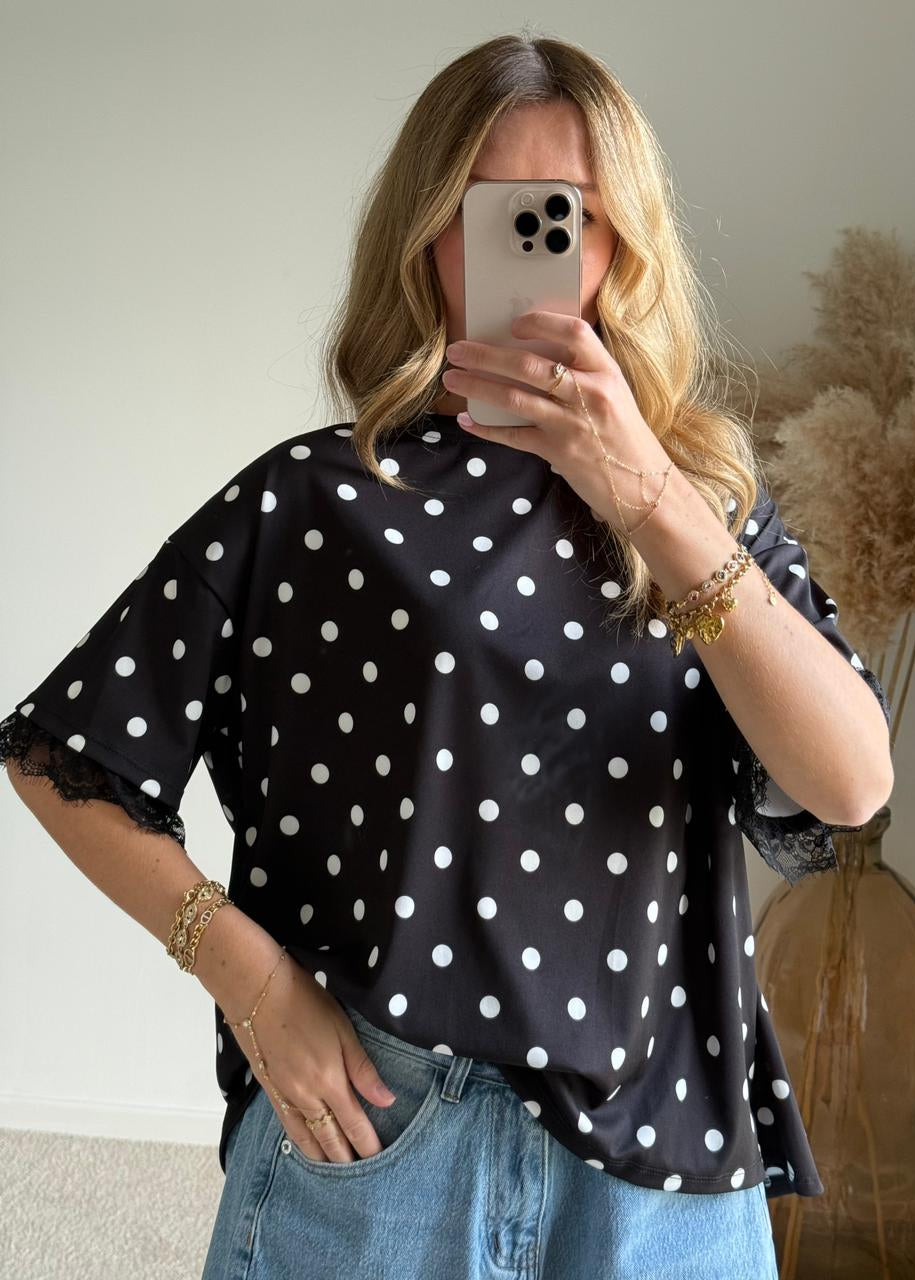Top bimatière à dos ouvert et dentelle - Pois Noir