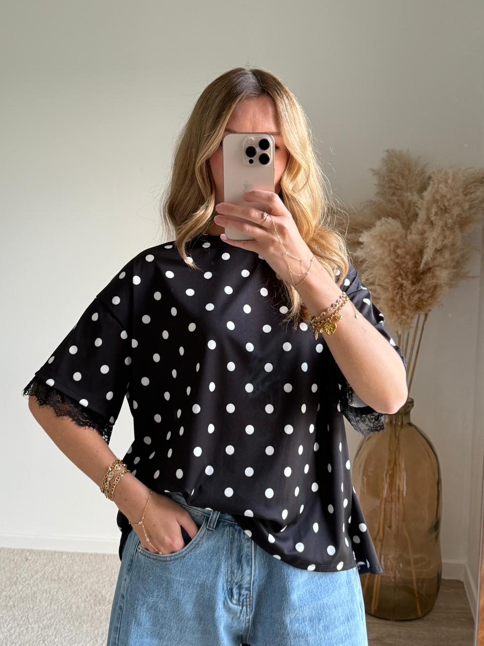 Top bimatière à dos ouvert et dentelle - Pois Noir