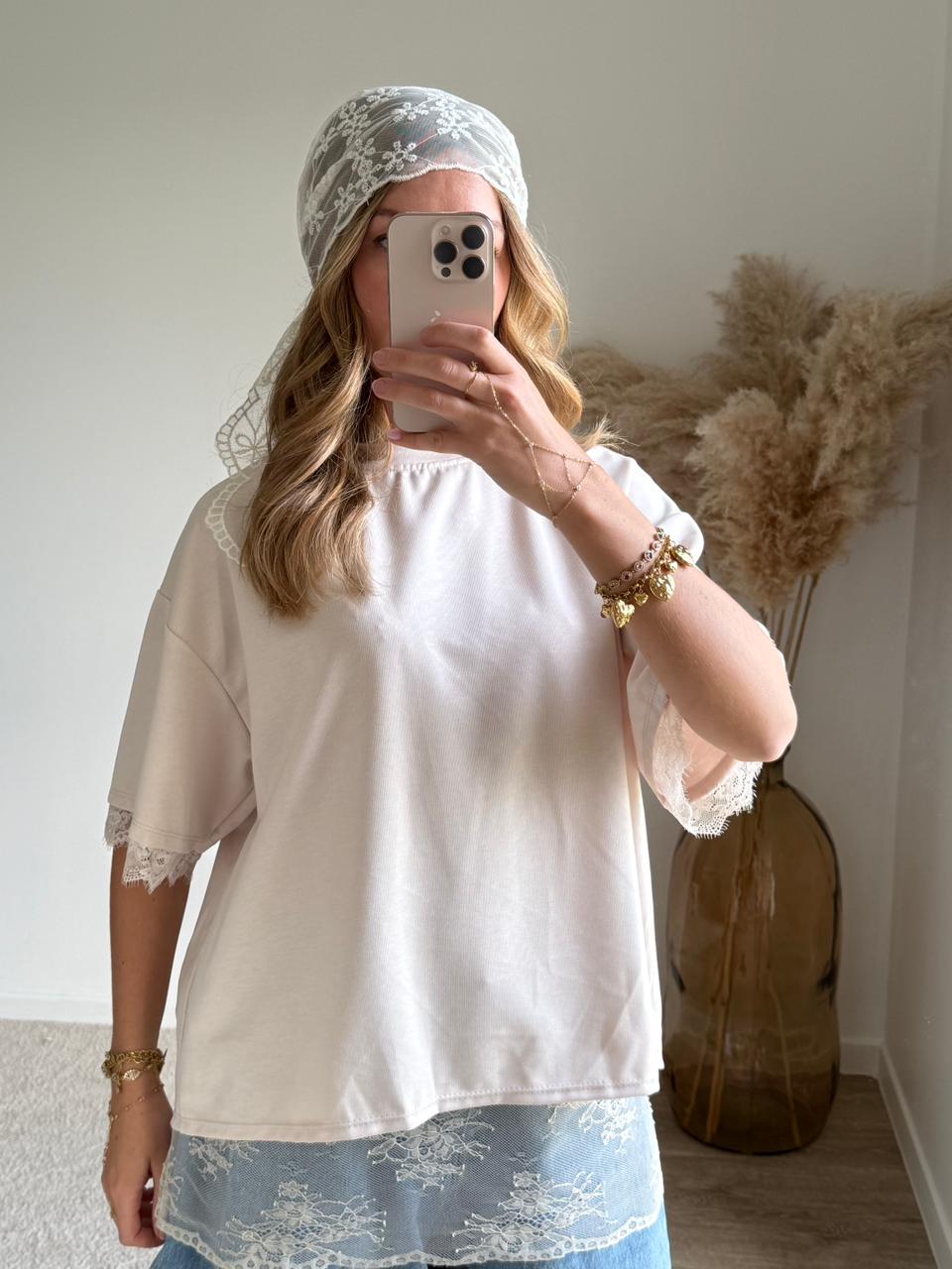 Top bimatière à dos ouvert et dentelle - Blanc