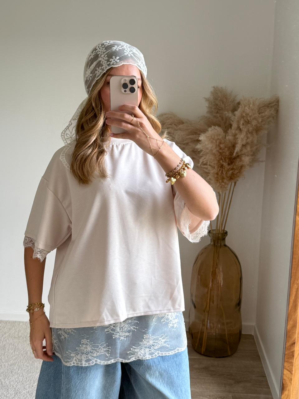 Top bimatière à dos ouvert et dentelle - Blanc