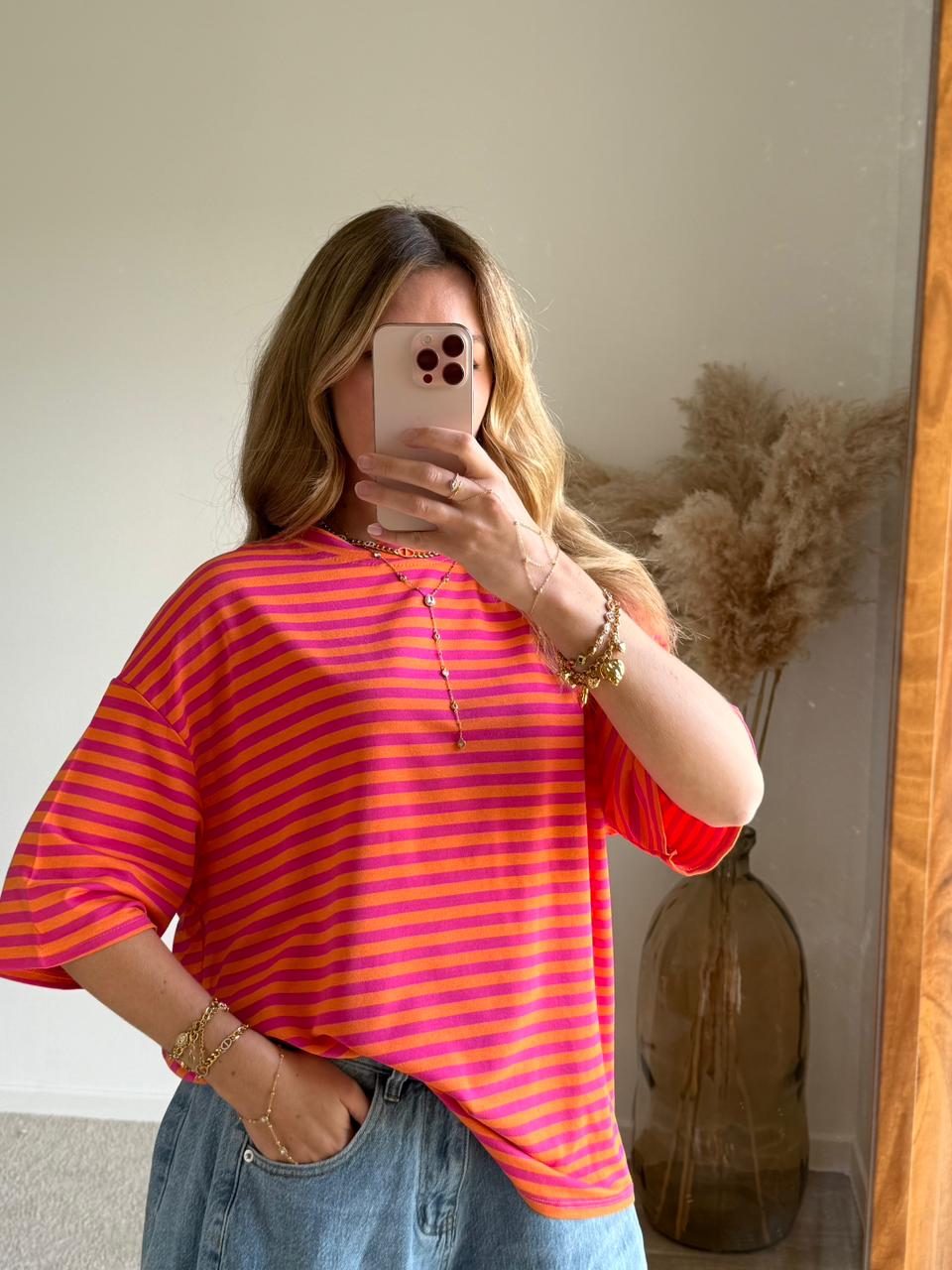 T-shirt Oversize à Coeur Évidé Rayé